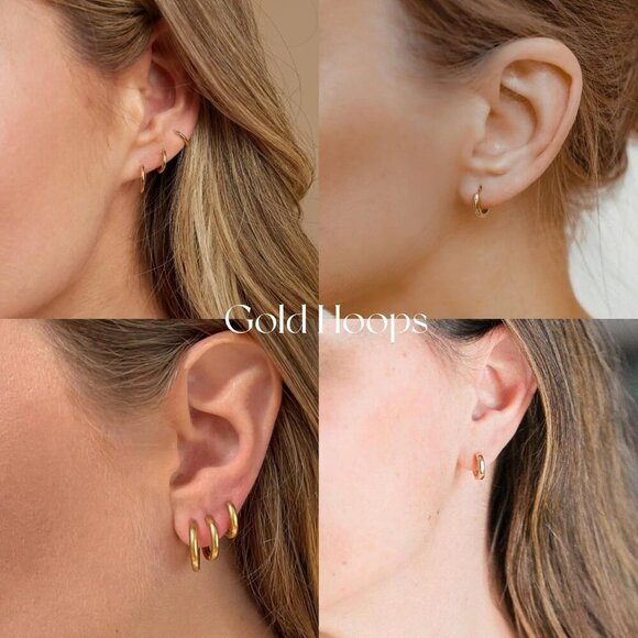 Set of Small Gold Hoop Huggie Earrings in 14K Gold Plated Brass for Sensitive Ea - Picture 3 of 6